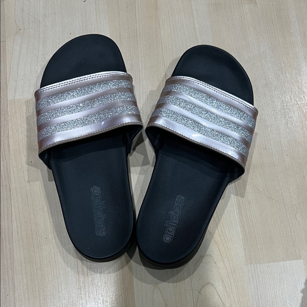 Adidas Black and Rose Gold Slide Sandals